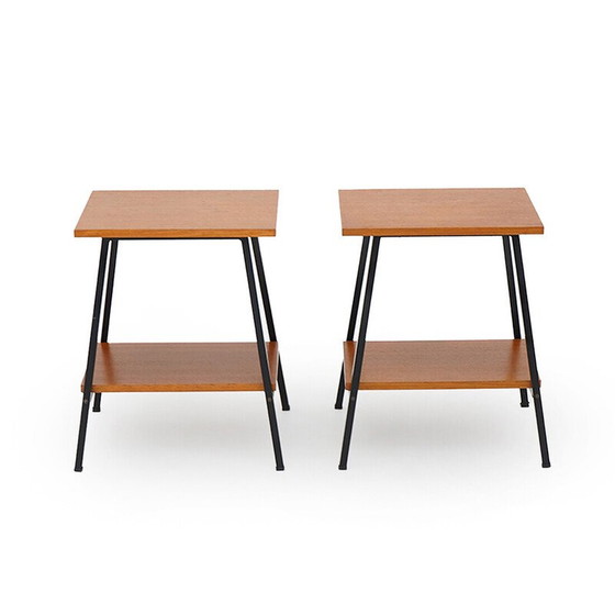 Image 1 of Pair of vintage bedside tables in wood and black painted metal, Italy 1950