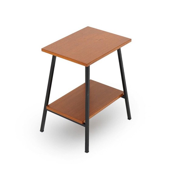 Image 1 of Pair of vintage bedside tables in wood and black painted metal, Italy 1950