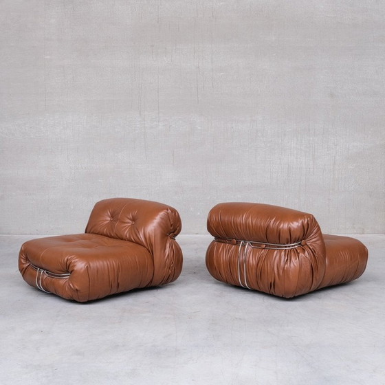 Image 1 of Pair of vintage leather Soriana armchairs by Scarpa for Cassina, Italy 1970s