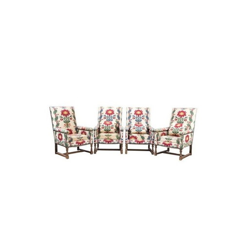 Set of 4 vintage armchairs in linen fabric, France