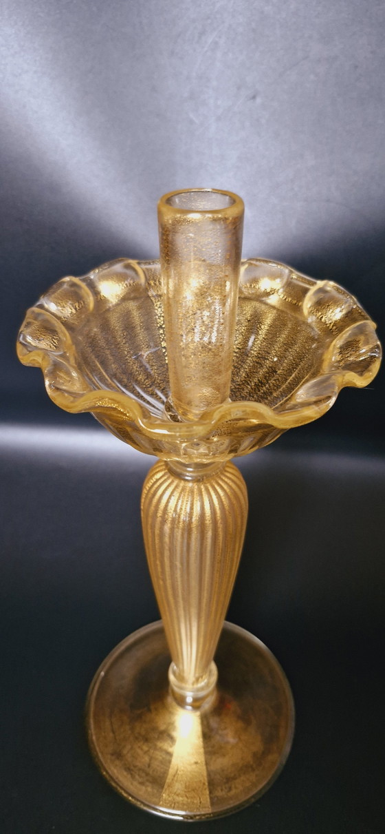 Image 1 of Murano Glass Set Of Two Candle Holders With Gold Leaves 