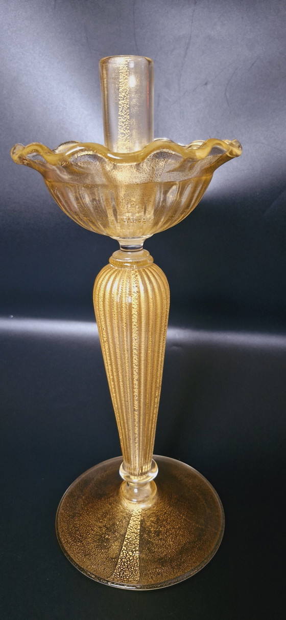 Image 1 of Murano Glass Set Of Two Candle Holders With Gold Leaves 