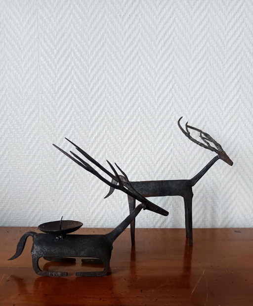 2 X Metal Deer Candleholders Brutalist Style