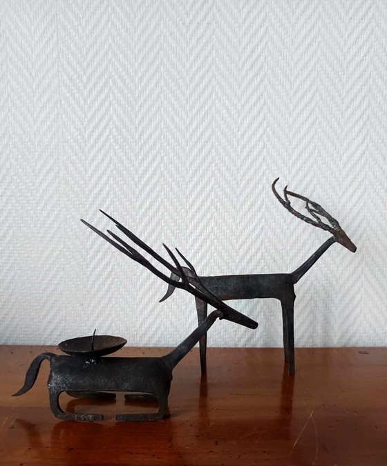 Image 1 of 2 X Metal Deer Candleholders Brutalist Style