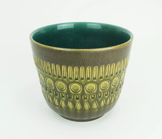 Image 1 of jasba mid century PLANTER ceramic flower pot olive green abstract sgraffito decor model no. 906/19