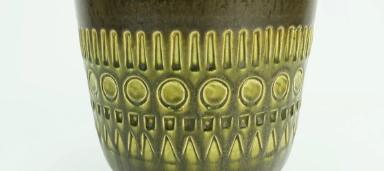 Image 1 of jasba mid century PLANTER ceramic flower pot olive green abstract sgraffito decor model no. 906/19