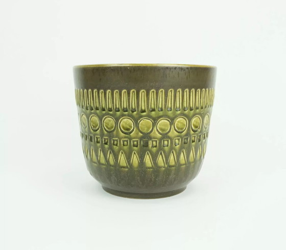 Image 1 of jasba mid century PLANTER ceramic flower pot olive green abstract sgraffito decor model no. 906/19