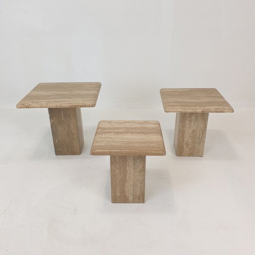 Set of 3 vintage travertine coffee tables, Italy 1980