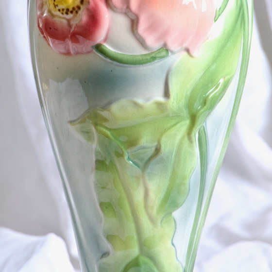 Image 1 of Large Antique St Clement Barbotine Vase "Anemones