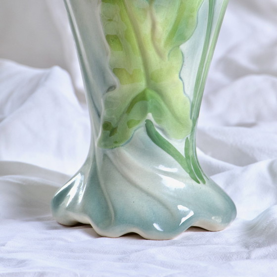 Image 1 of Large Antique St Clement Barbotine Vase "Anemones