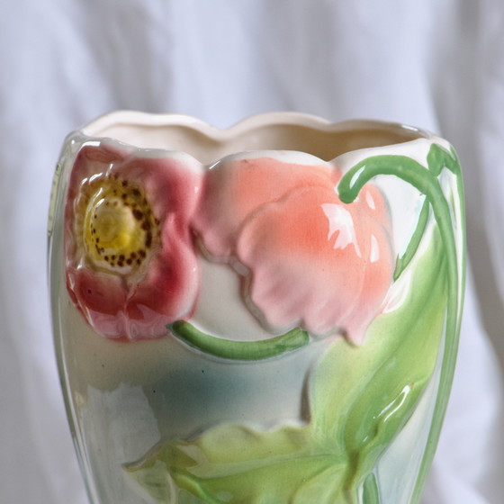 Image 1 of Large Antique St Clement Barbotine Vase "Anemones