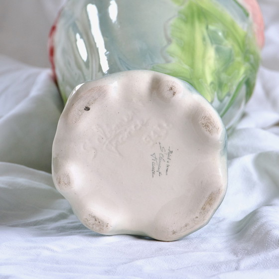 Image 1 of Large Antique St Clement Barbotine Vase "Anemones