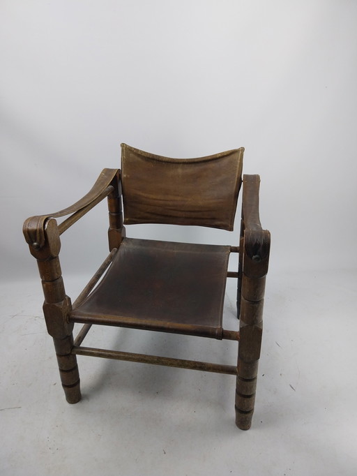 1 x chaise safari en cuir marron Scandinave des années 1960