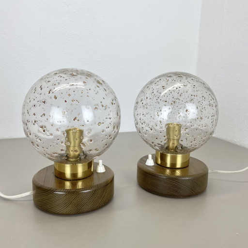 Set Of 2 Glass Ball And Oak Wooden Table Lights By Temde Lights, Germany 1970S