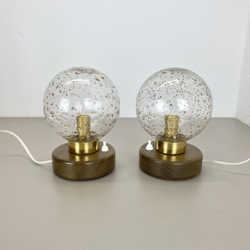 Set Of 2 Glass Ball And Oak Wooden Table Lights By Temde Lights, Germany 1970S