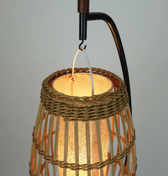 Image 1 of extraordinary and rare mid century FLOOR LAMP rattan weave teak black metal 1960s