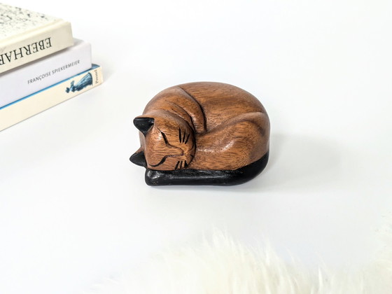 Image 1 of Sleeping Cat Figurine | Teak Wood Decor | Midcentury