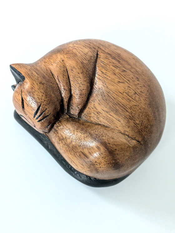 Image 1 of Sleeping Cat Figurine | Teak Wood Decor | Midcentury