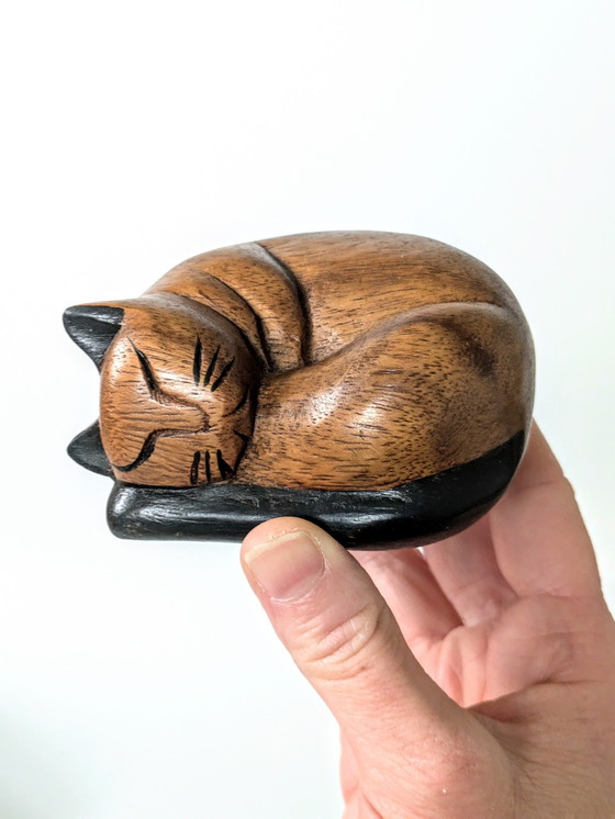 Image 1 of Sleeping Cat Figurine | Teak Wood Decor | Midcentury