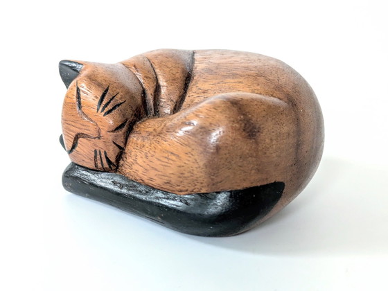 Image 1 of Sleeping Cat Figurine | Teak Wood Decor | Midcentury