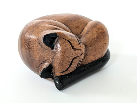 Image 1 of Sleeping Cat Figurine | Teak Wood Decor | Midcentury