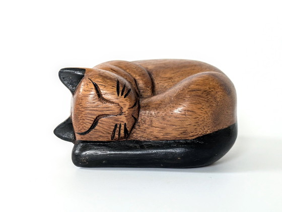 Image 1 of Sleeping Cat Figurine | Teak Wood Decor | Midcentury