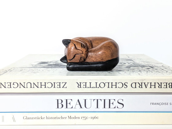 Image 1 of Sleeping Cat Figurine | Teak Wood Decor | Midcentury