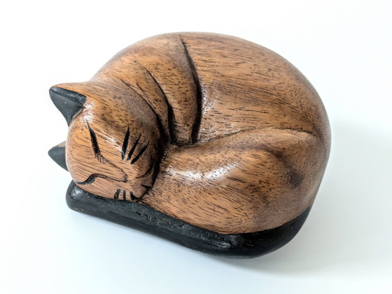 Image 1 of Sleeping Cat Figurine | Teak Wood Decor | Midcentury