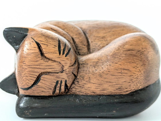 Image 1 of Sleeping Cat Figurine | Teak Wood Decor | Midcentury