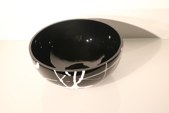 Image 1 of Bowl Of Black Glass With White Glass Decorations