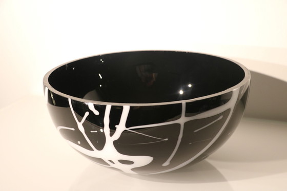 Image 1 of Bowl Of Black Glass With White Glass Decorations