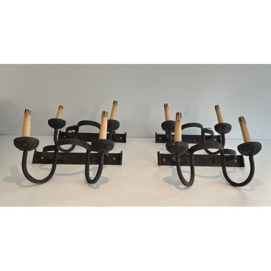 Image 1 of Set di 4 lampade da parete vintage in ferro battuto a forma di trifoglio, Francia 1950