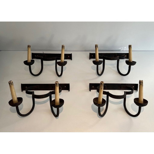 Set of 4 vintage wrought iron clover wall lamps, France 1950