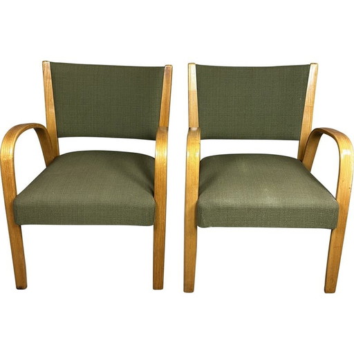 Pair of vintage "Bow wood" armchairs in curved ash and fabric by Hugues Steiner, 1950s