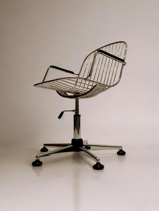 C. 1980 - Chrome And Brown Leather Office Armchair -