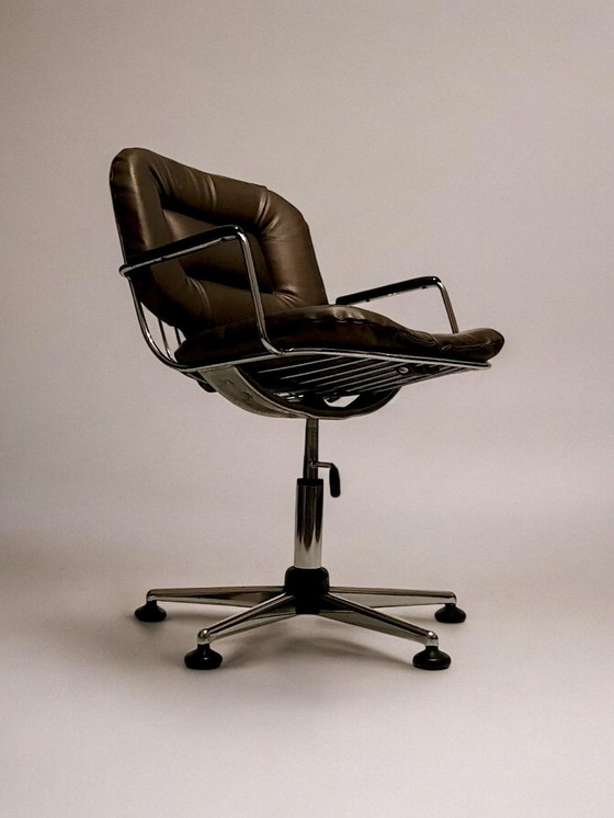 Image 1 of C. 1980 - Chrome And Brown Leather Office Armchair -