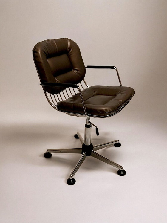 Image 1 of C. 1980 - Chrome And Brown Leather Office Armchair -