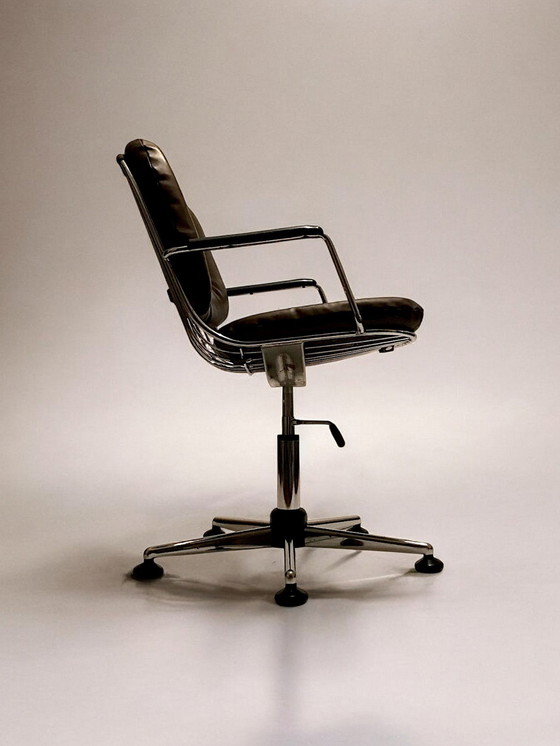 Image 1 of C. 1980 - Chrome And Brown Leather Office Armchair -