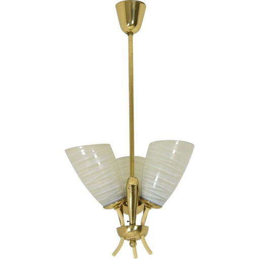 Vintage glass and brass chandelier, Czechoslovakia 1960