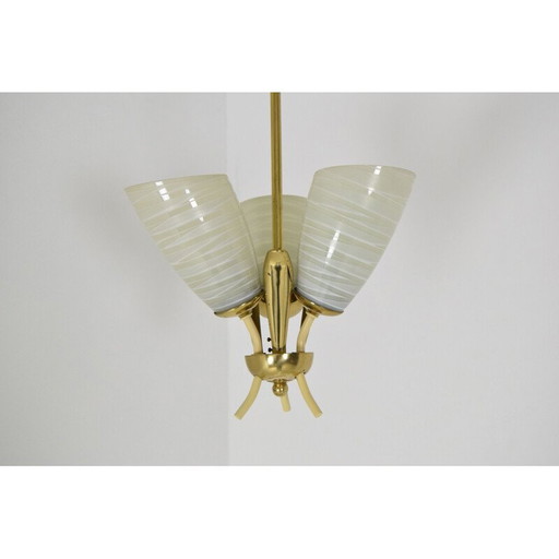 Vintage glass and brass chandelier, Czechoslovakia 1960