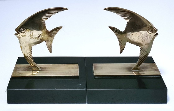 Image 1 of Pair of Bookends Fish Bronze Marble Black Design