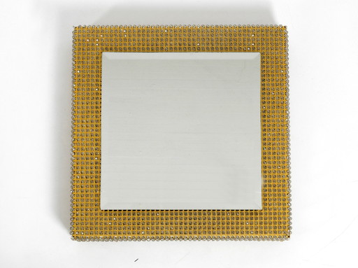 Square 1960s brass wall backlit mirror, frame with glass beads by Palwa