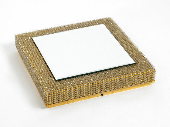 Image 1 of Square 1960s brass wall backlit mirror, frame with glass beads by Palwa