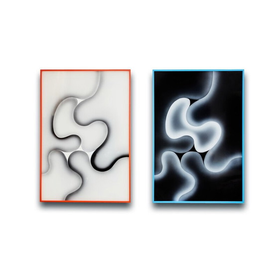 Image 1 of Pair of vintage paintings in plexiglass and wood for Les Simonnet, 1996