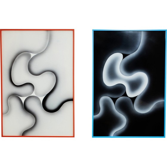 Image 1 of Pair of vintage paintings in plexiglass and wood for Les Simonnet, 1996
