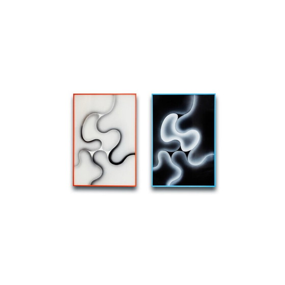 Image 1 of Pair of vintage paintings in plexiglass and wood for Les Simonnet, 1996