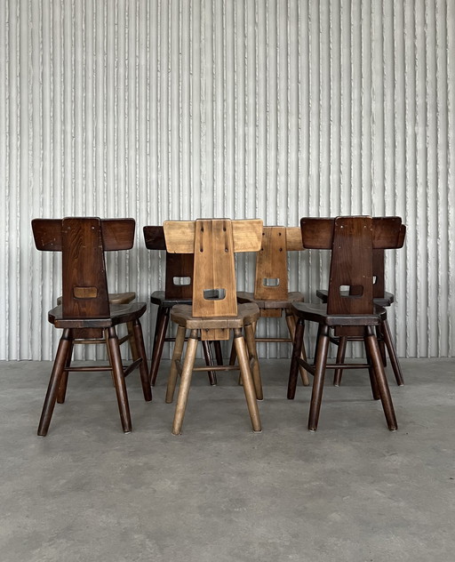 Set Of 7 Brutalist Solid Oak Dining Chairs