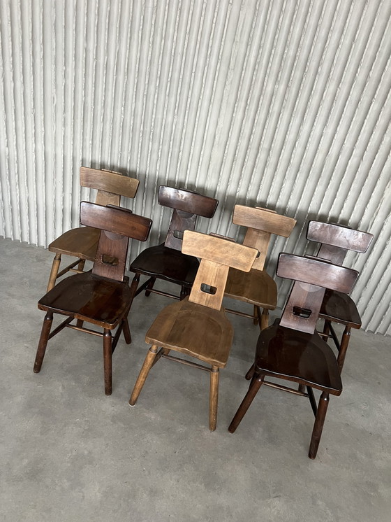 Image 1 of Set Of 7 Brutalist Solid Oak Dining Chairs