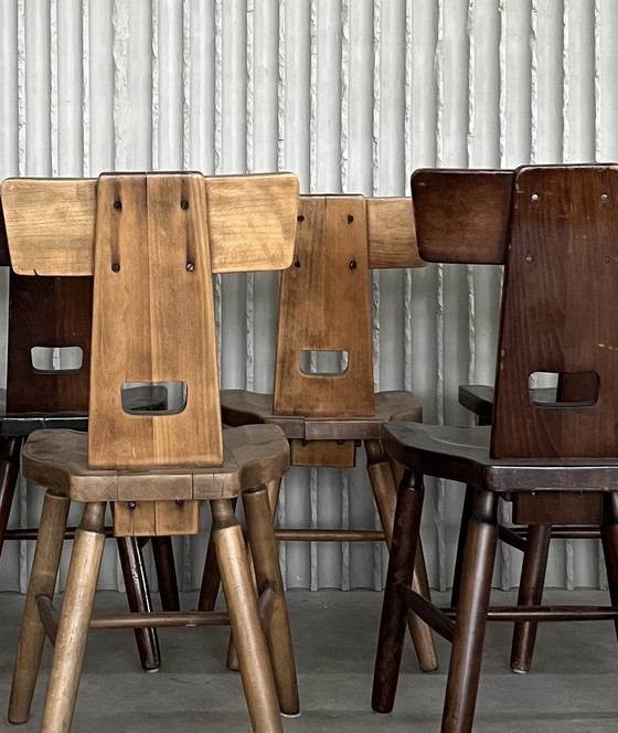 Image 1 of Set Of 7 Brutalist Solid Oak Dining Chairs