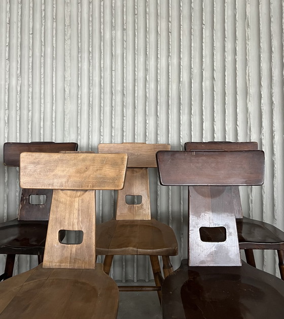 Image 1 of Set Of 7 Brutalist Solid Oak Dining Chairs